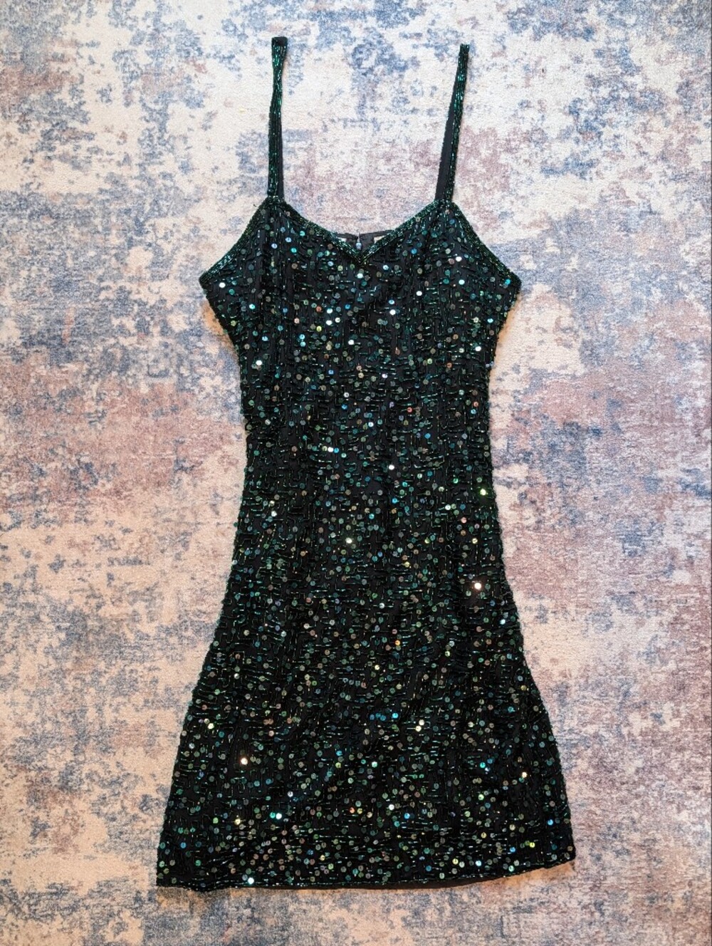 Y2K Sequin Beaded Silk Spaghetti-Strap Mini Dress